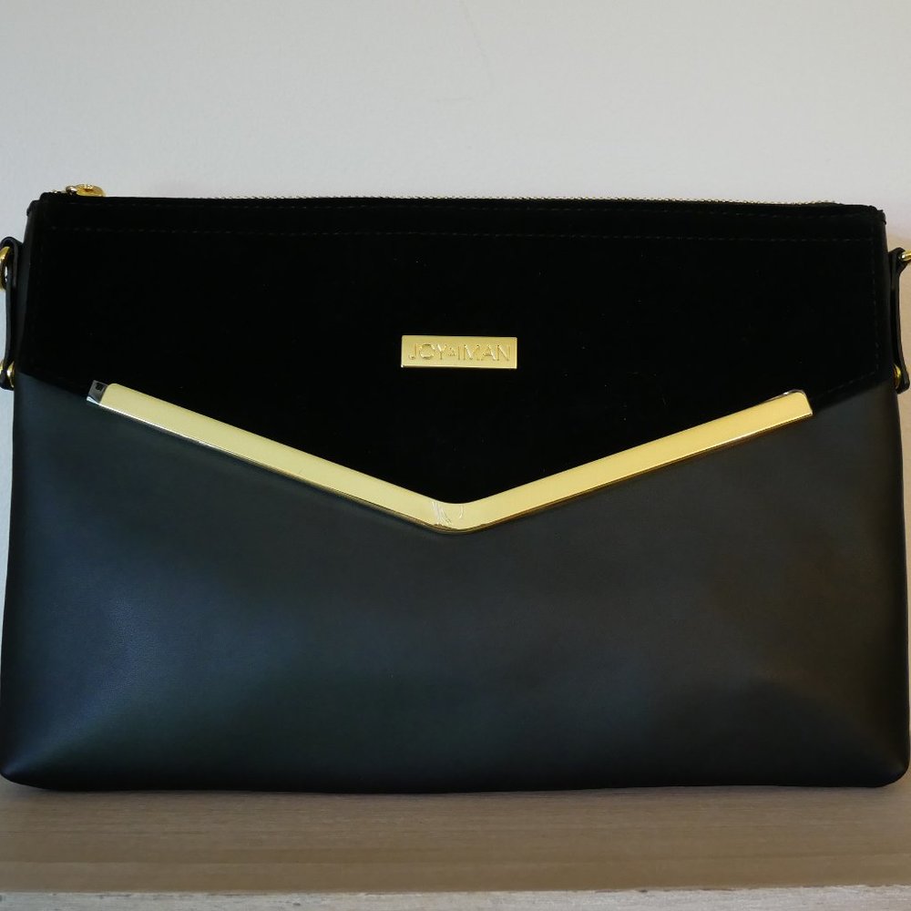 JOY & IMAN Black Leather Clutch/Crossbody Bag with Velvety Flap (NEW)